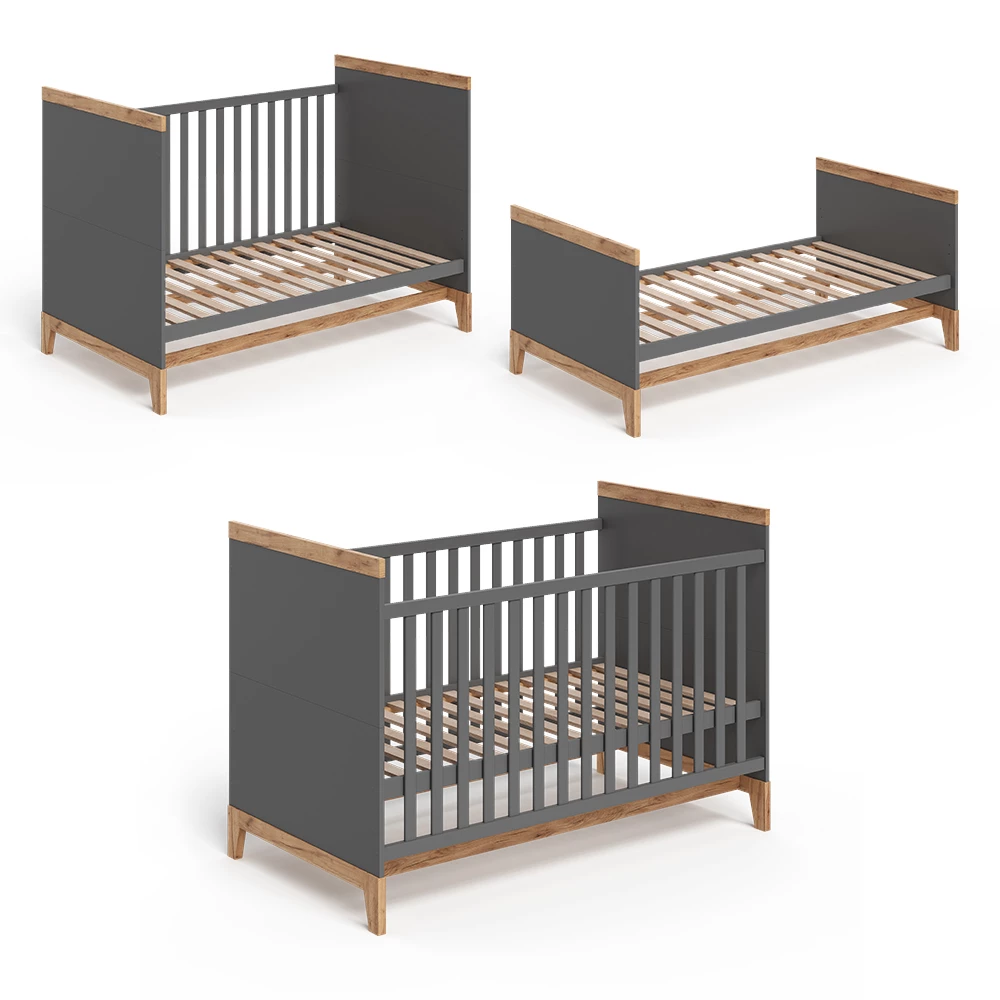 Nahaufnahme von Babybett in Grau/Artisan, zeigt Design- und Oberflächendetails