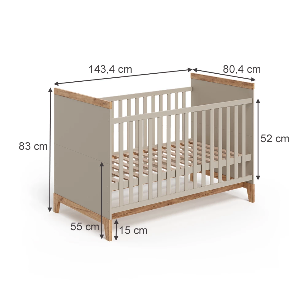 Babybett in Cashmere/Artisan auf weißem Hintergrund mit sichtbaren Maßen