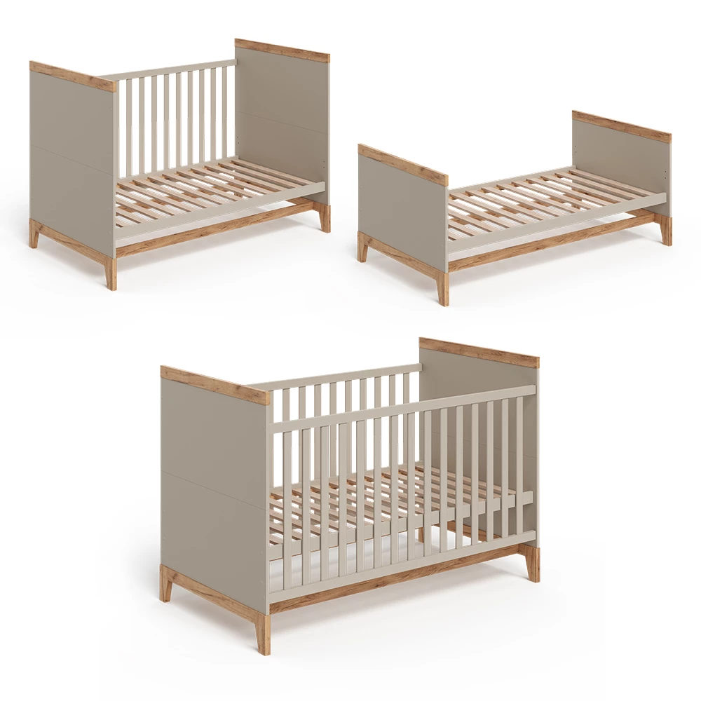 Nahaufnahme von Babybett in Cashmere/Artisan, zeigt Design- und Oberflächendetails