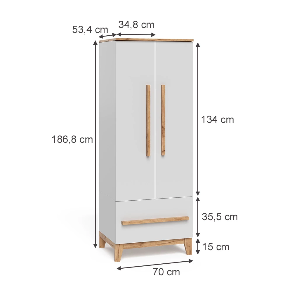 Kinderkleiderschrank in Weiß/Artisan auf weißem Hintergrund mit sichtbaren Maßen
