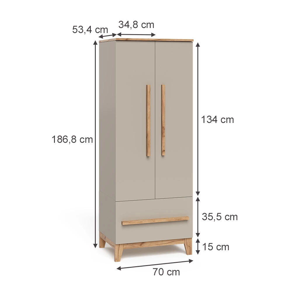 Kinderkleiderschrank in Cashmere/Artisan auf weißem Hintergrund mit sichtbaren Maßen