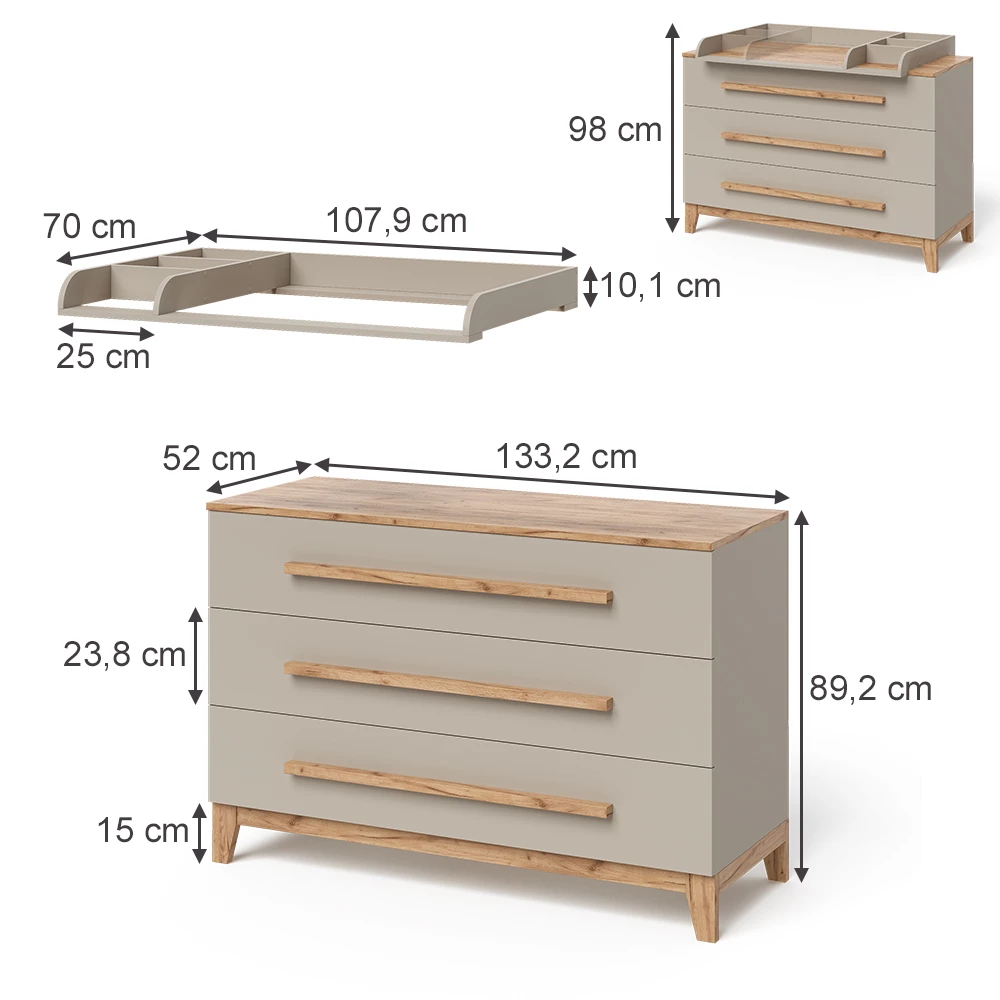 Wickelkommode in Cashmere/Artisan auf weißem Hintergrund mit sichtbaren Maßen