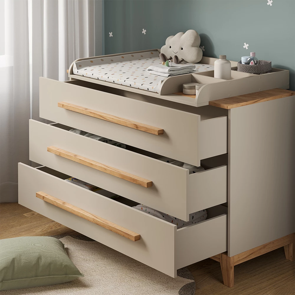 Nahaufnahme von Wickelkommode in Cashmere/Artisan, zeigt Textur/Details