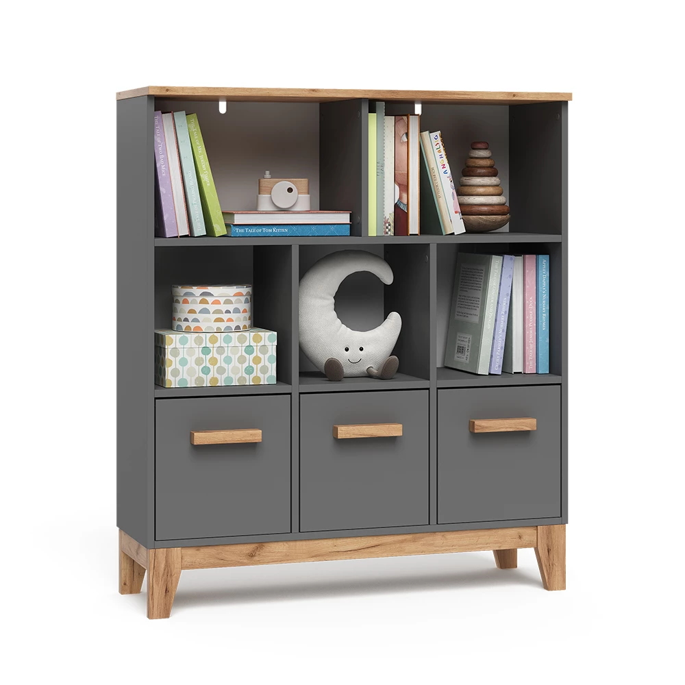 Kinderregal in Grau/Artisan auf weißem Hintergrund mit dekorativen Elementen