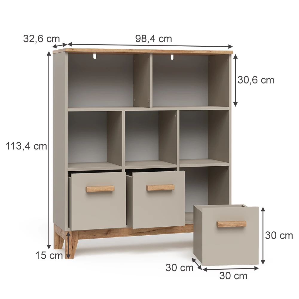 Kinderregal in Cashmere/Artisan auf weißem Hintergrund mit sichtbaren Maßen