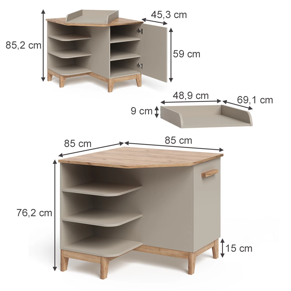 Wickelkommode in Cashmere/Artisan auf weißem Hintergrund mit sichtbaren Maßen