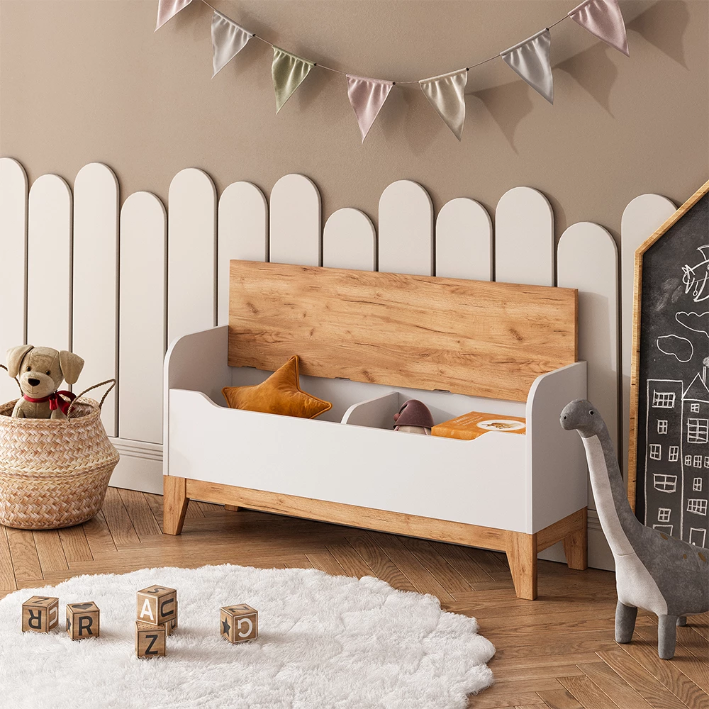 Close-up of Cassapanca per giocattoli in Bianco/Artisan, showing texture/details