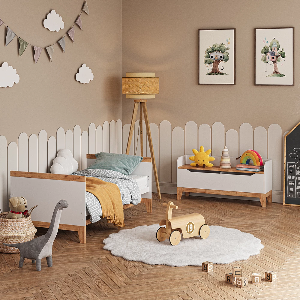 Close-up of Cassapanca per giocattoli in Bianco/Artisan, showing design and surface details