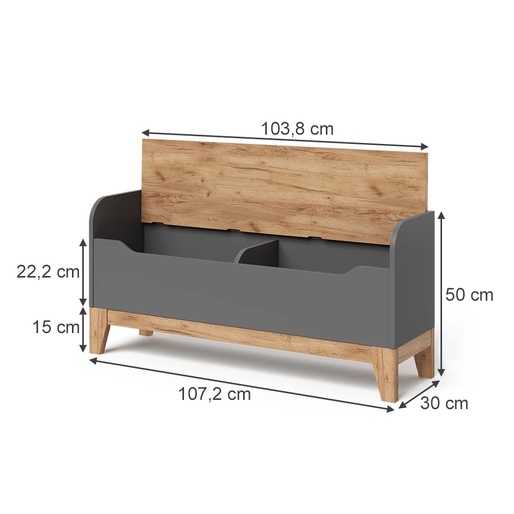 Spielzeugtruhe in Grau/Artisan auf weißem Hintergrund mit sichtbaren Maßen