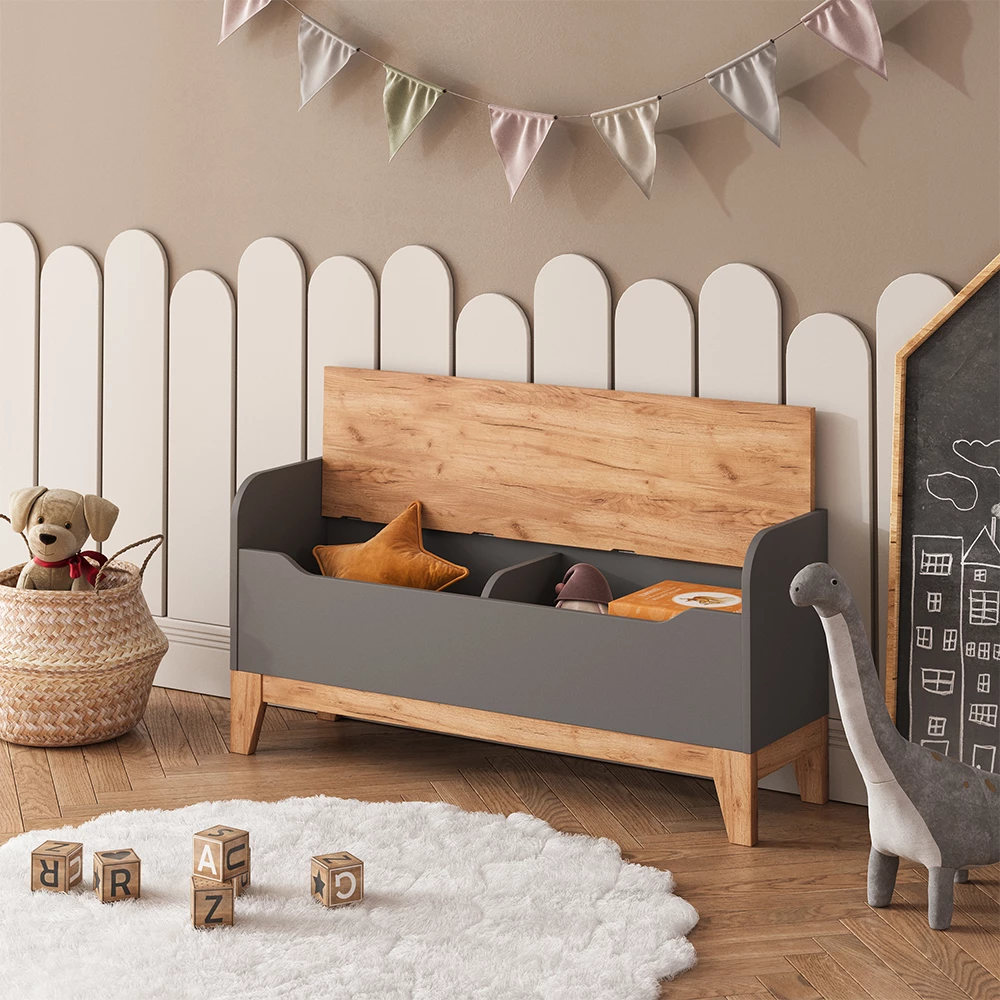 Nahaufnahme von Spielzeugtruhe in Grau/Artisan, zeigt Textur/Details