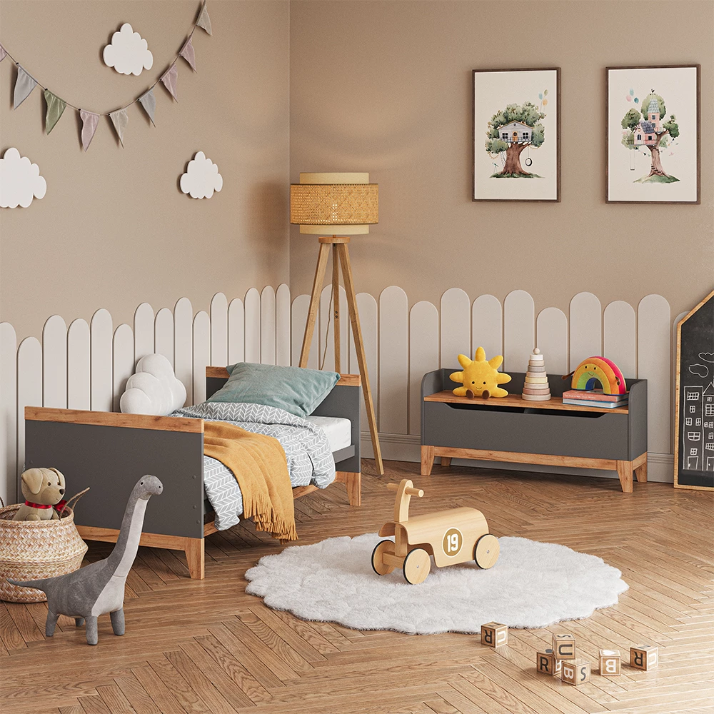 Nahaufnahme von Spielzeugtruhe in Grau/Artisan, zeigt Design- und Oberflächendetails