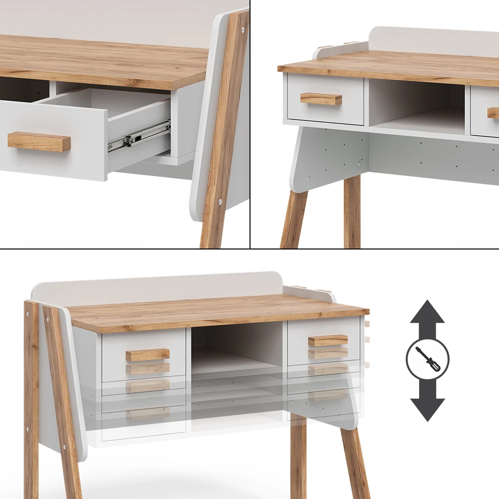 Gros plan de Bureau en Blanc/Artisan, montrant le design et les détails de surface