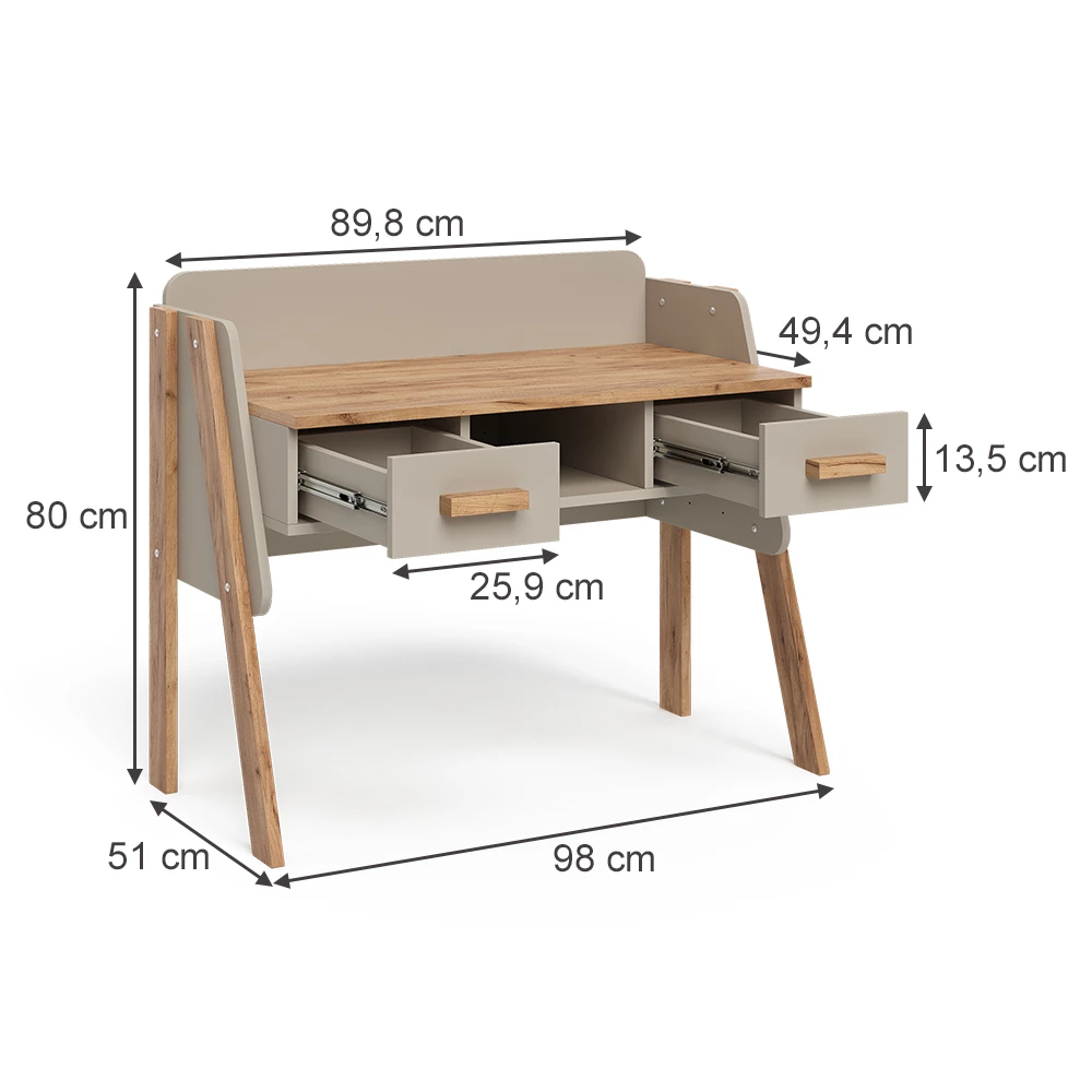 Schreibtisch in Cashmere/Artisan auf weißem Hintergrund mit sichtbaren Maßen