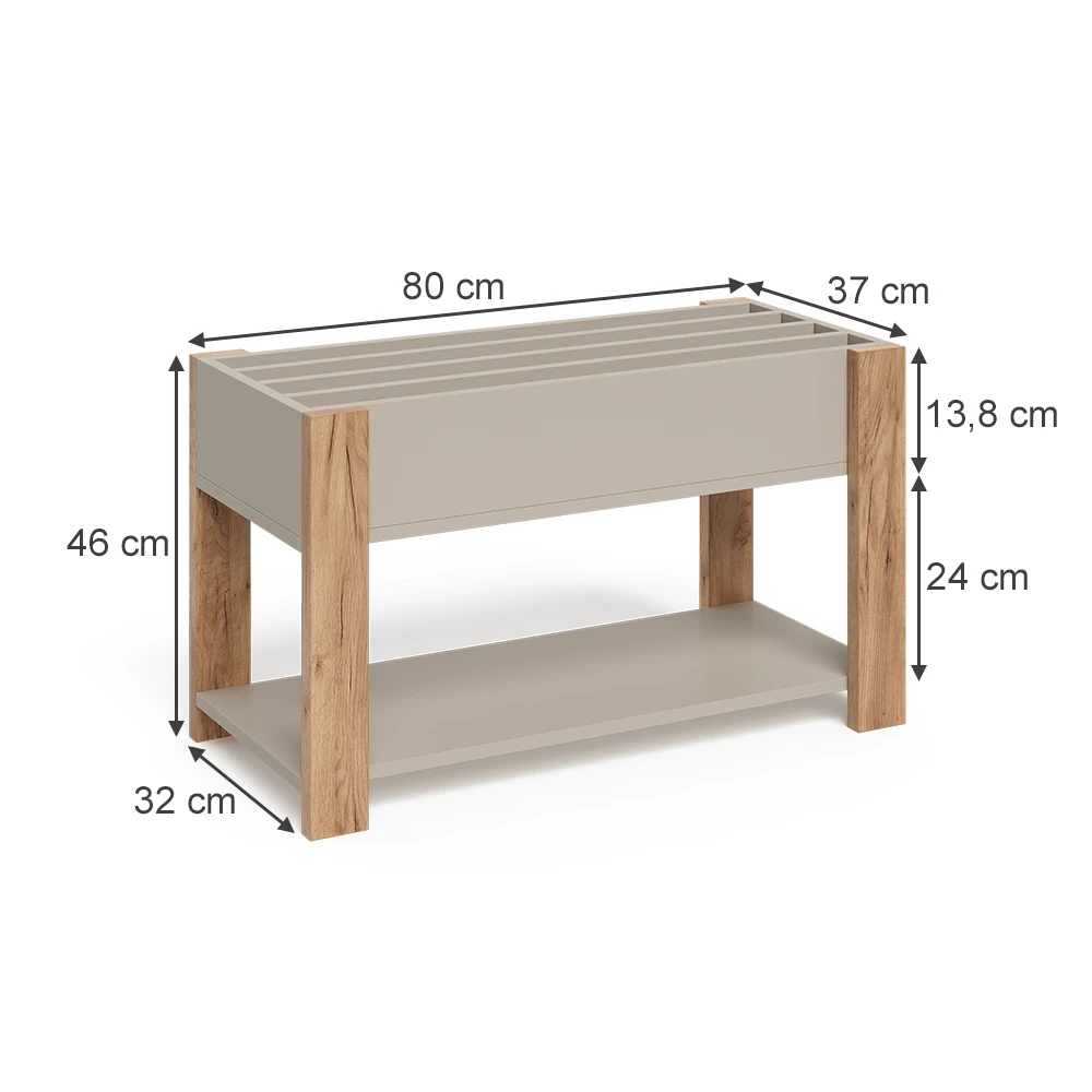 Kinderregal in Cashmere/Artisan auf weißem Hintergrund mit sichtbaren Maßen