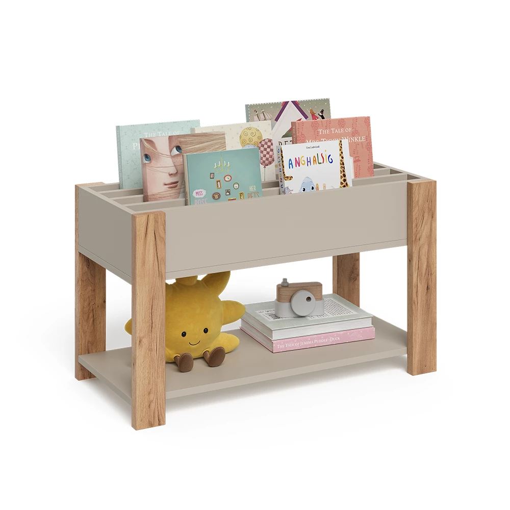 Kinderregal in Cashmere/Artisan auf weißem Hintergrund mit dekorativen Elementen