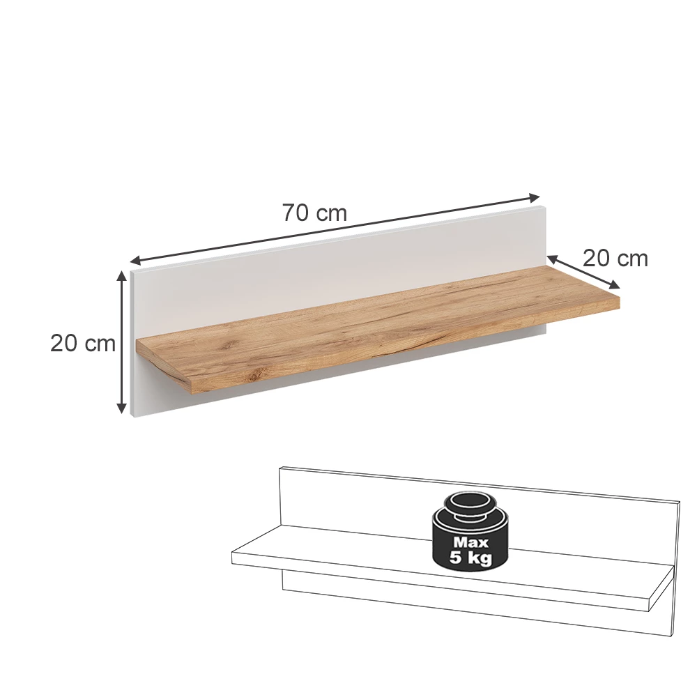Wandregal Kinderzimmer in Weiß/Artisan auf weißem Hintergrund mit sichtbaren Maßen