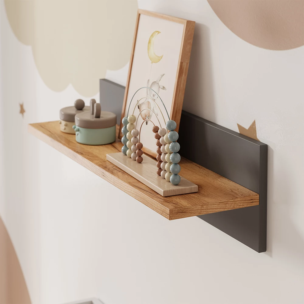 Close-up of Scaffale a muro per bambini in Grigio/Artisan, showing texture/details