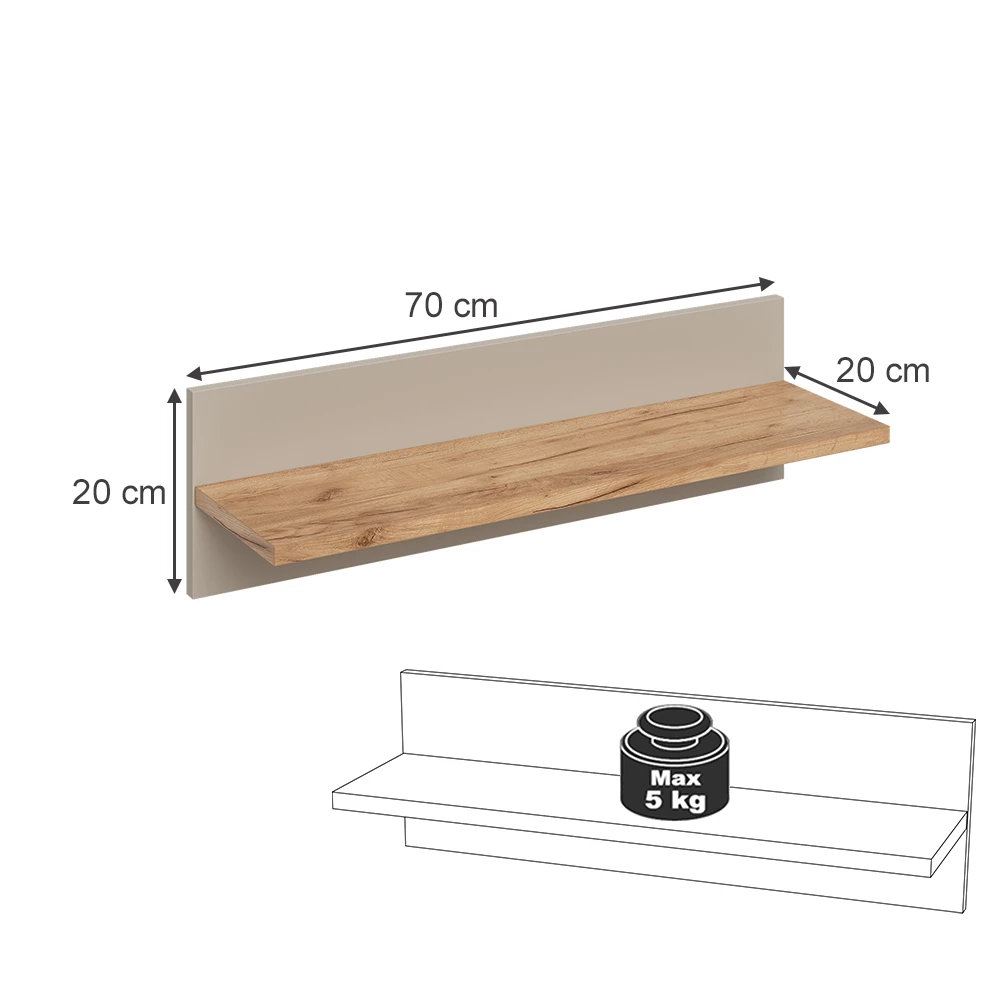 Wandregal Kinderzimmer in Cashmere/Artisan auf weißem Hintergrund mit sichtbaren Maßen