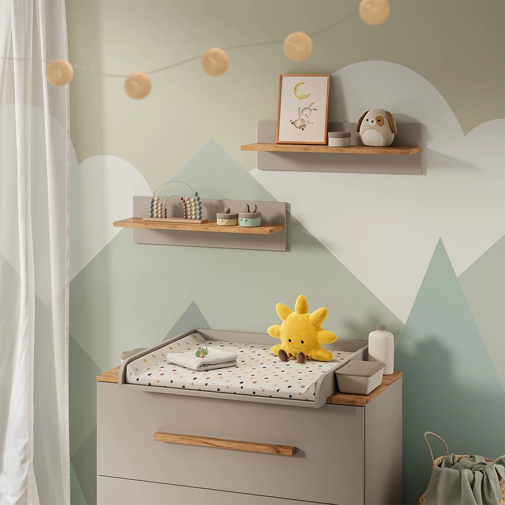 Nahaufnahme von Wandregal Kinderzimmer in Cashmere/Artisan, zeigt Design- und Oberflächendetails