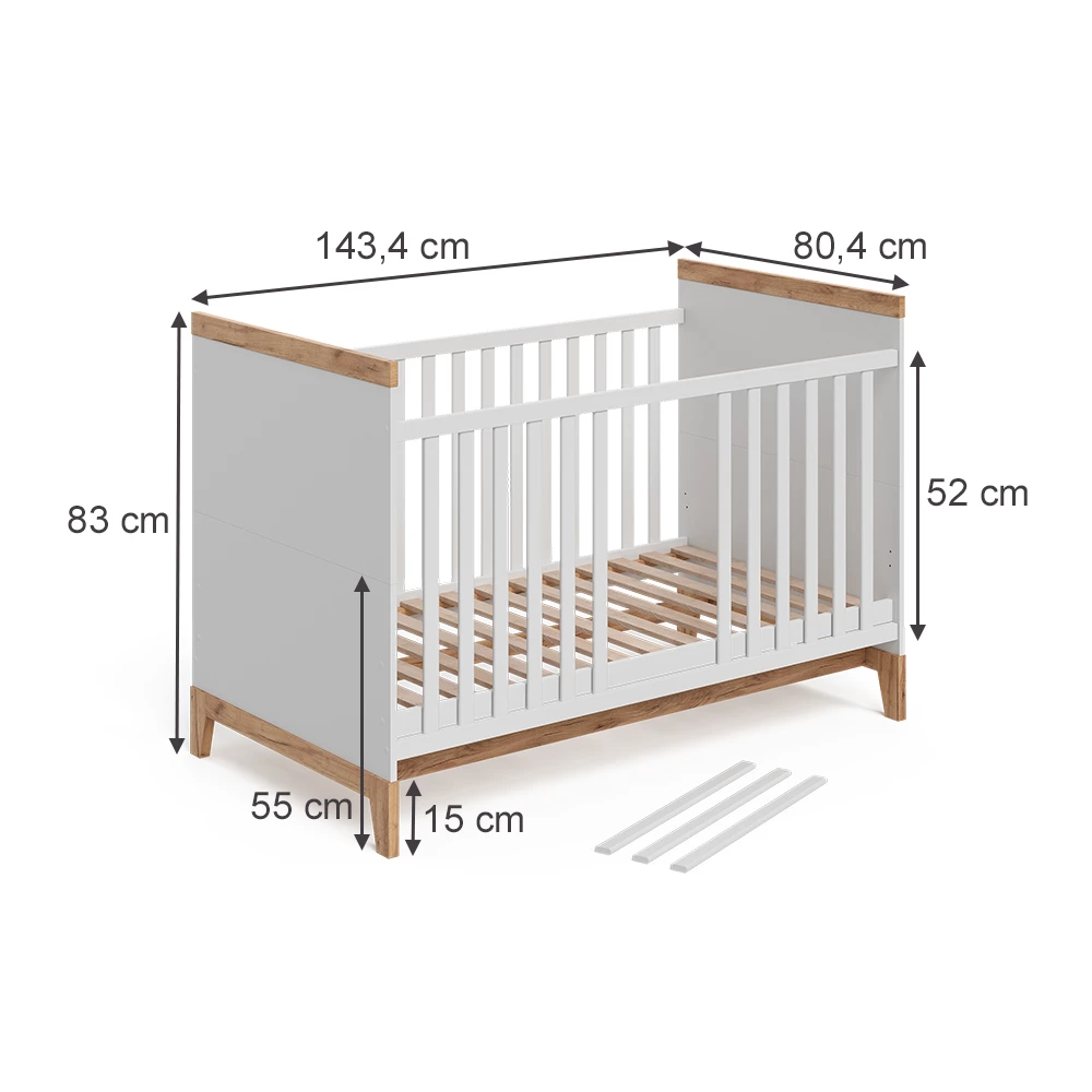 Babybett in Weiß/Artisan auf weißem Hintergrund mit sichtbaren Maßen