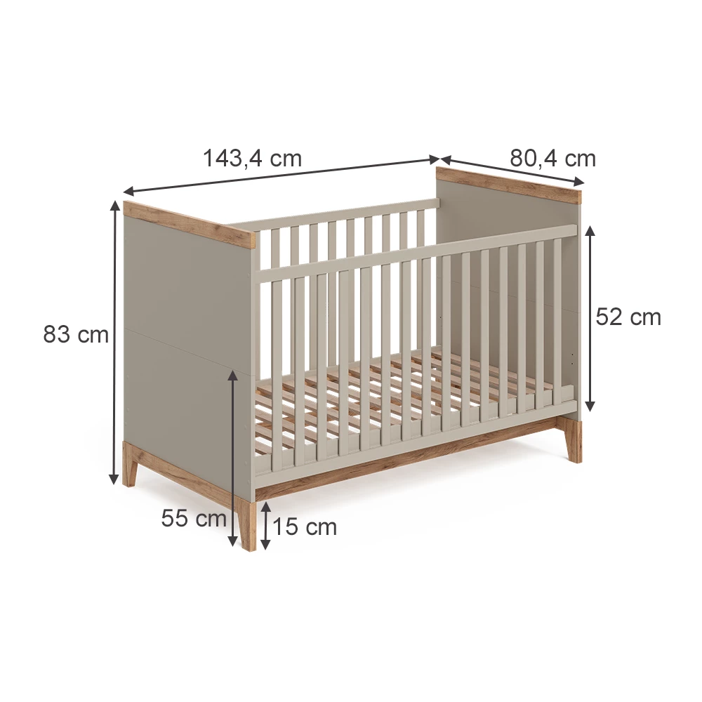 Babybett in Cashmere/Artisan auf weißem Hintergrund mit sichtbaren Maßen