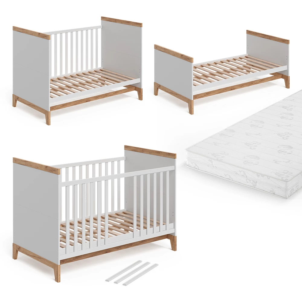 Nahaufnahme von Babybett in Weiß/Artisan, zeigt Design- und Oberflächendetails