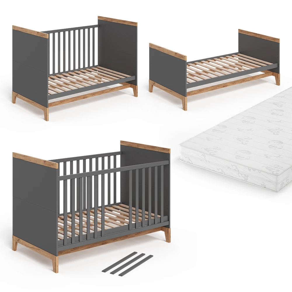 Nahaufnahme von Babybett in Grau/Artisan, zeigt Design- und Oberflächendetails