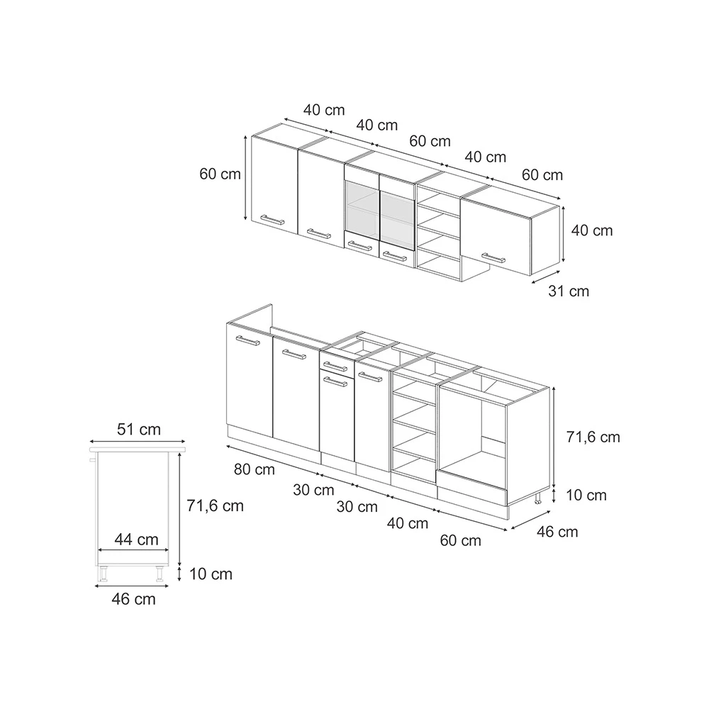 Complete keukeneenheid in Wit landhuis/gouden eik on white background with visible dimensions