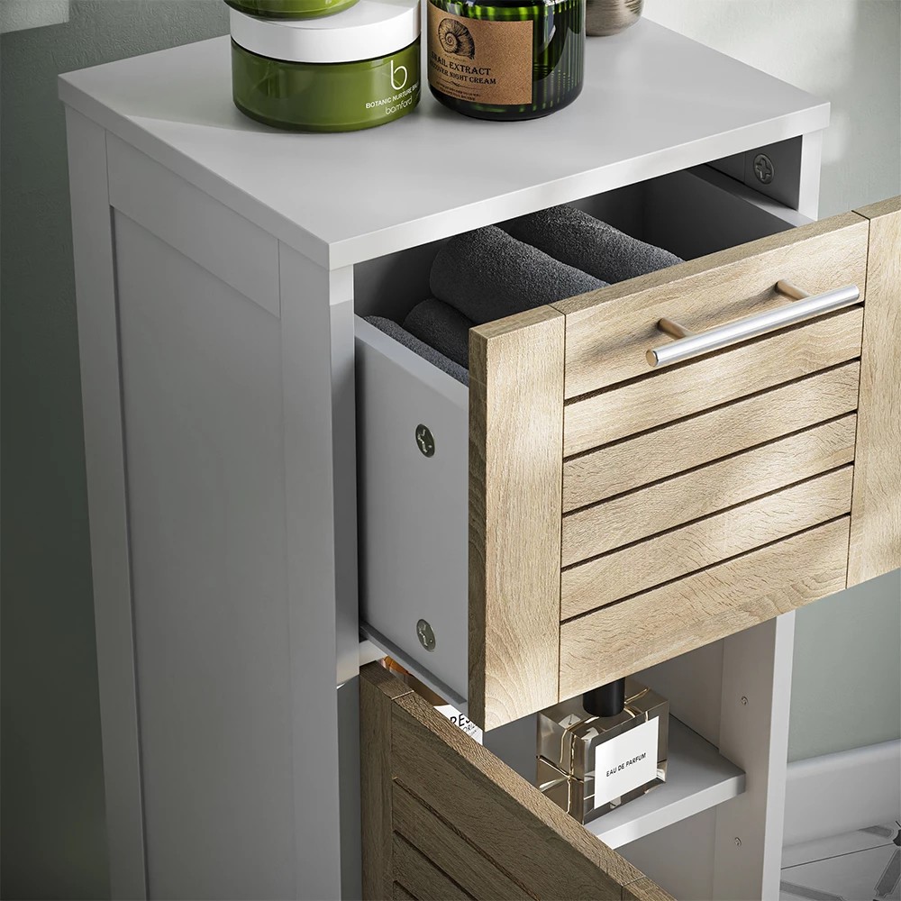 Close-up of Halfhoge kast in Wit/eiken, showing texture/details