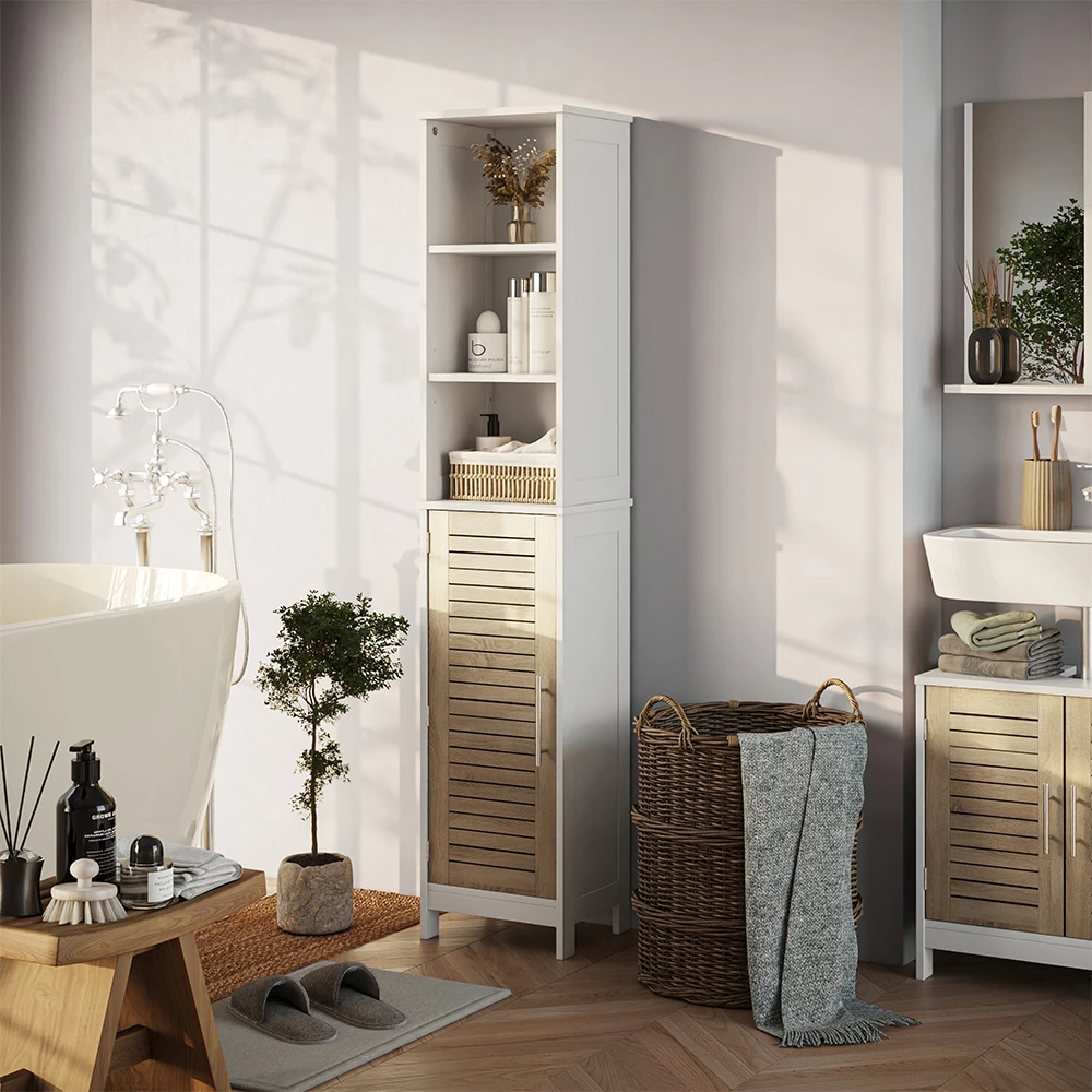 Badkamerkast in Wit/eiken shown in ambient setting with decoration