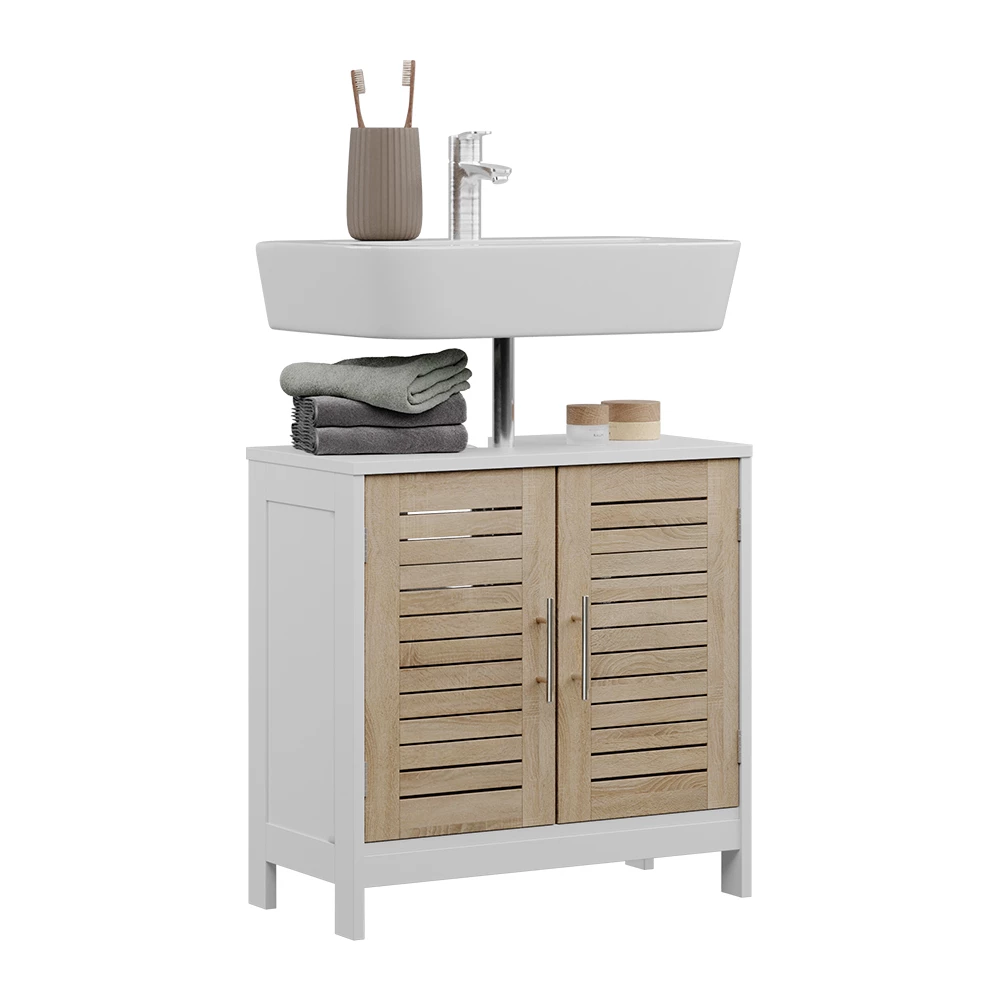 Meuble vasque simple en blanc/chêne sur fond blanc avec des éléments décoratifs