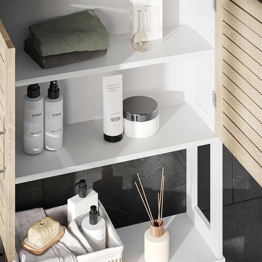 Nahaufnahme von Toilettenschrank in Weiß/Eiche, zeigt Textur/Details