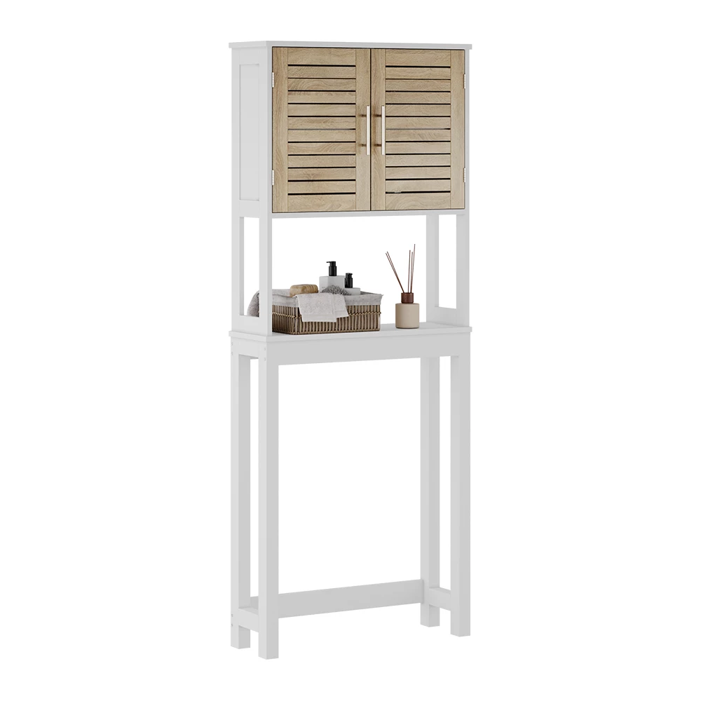 Toilettenschrank in Weiß/Eiche auf weißem Hintergrund mit dekorativen Elementen