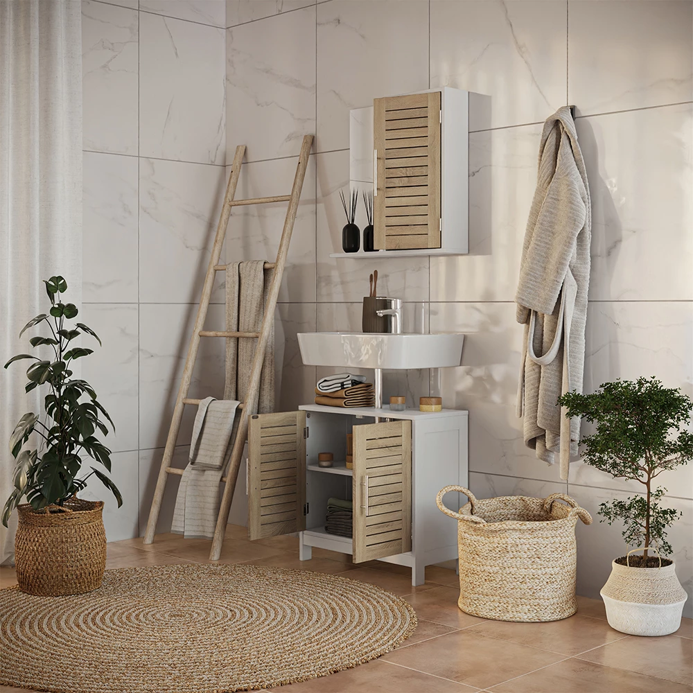 Badmöbel-Set Looma Weiß/Eiche 2 Teile Vicco