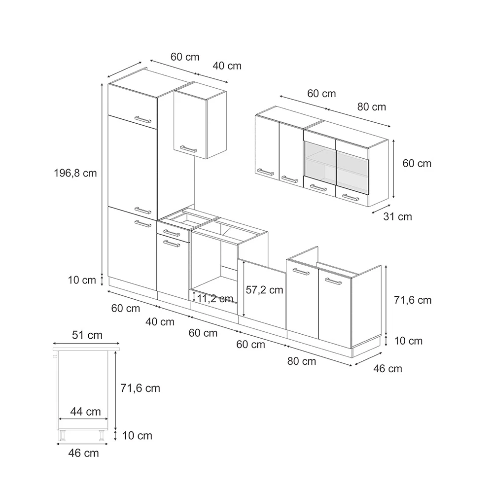 Complete keukeneenheid in Beton/antraciet on white background with visible dimensions