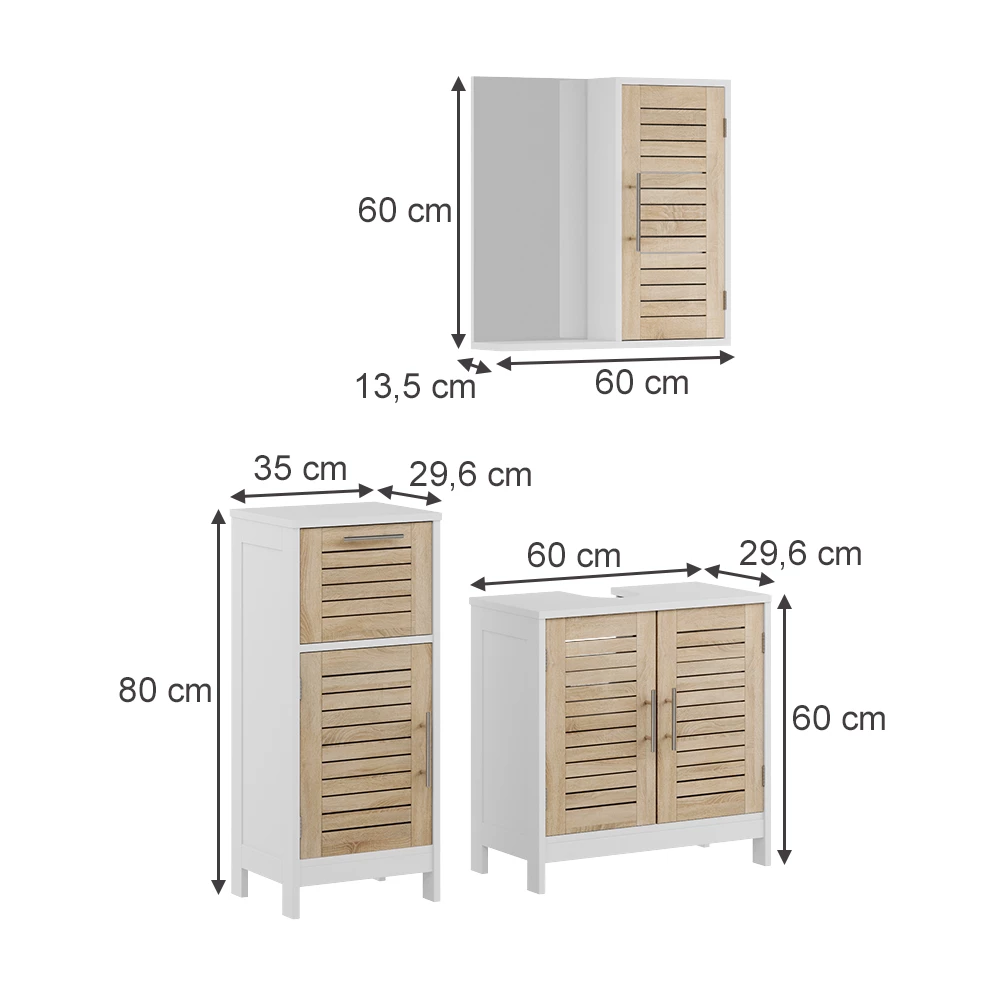 3-delige badkamermeubelset in Wit/eiken on white background