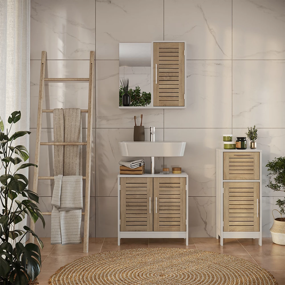 3-delige badkamermeubelset in Wit/eiken shown in ambient setting with decoration