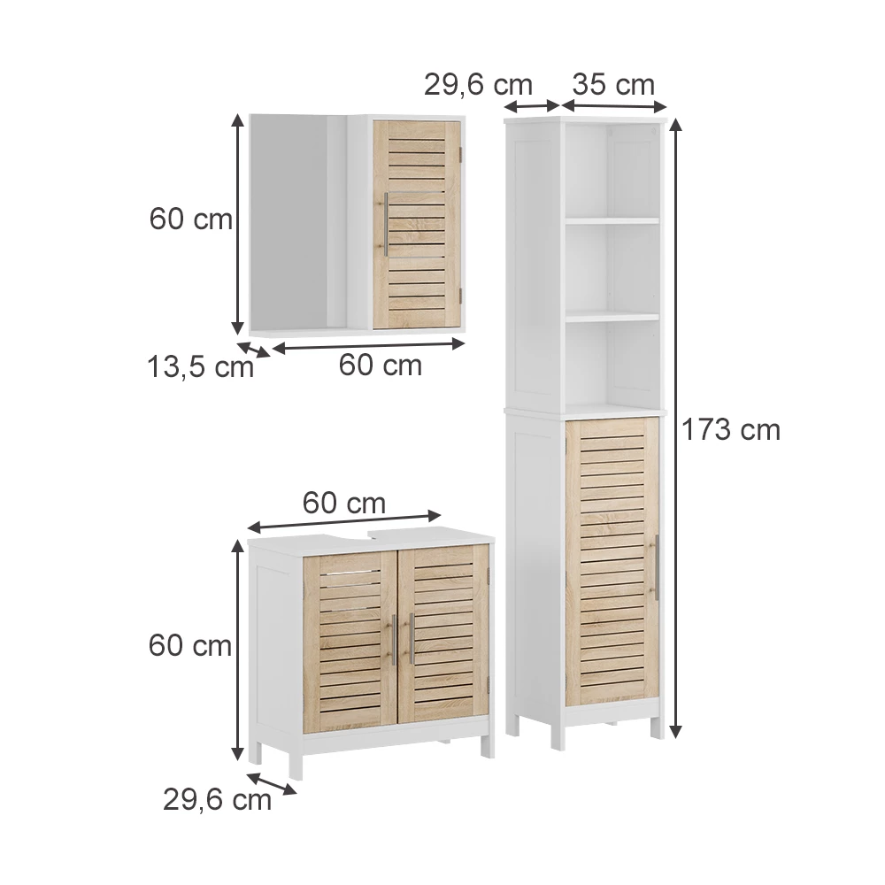 3-delige badkamermeubelset in Wit/eiken on white background