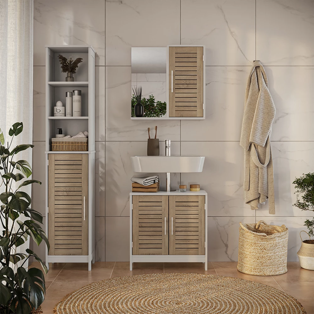 Ensemble de meubles de salle de bain 3 pièces en blanc/chêne, présenté dans un décor ambiant avec décoration