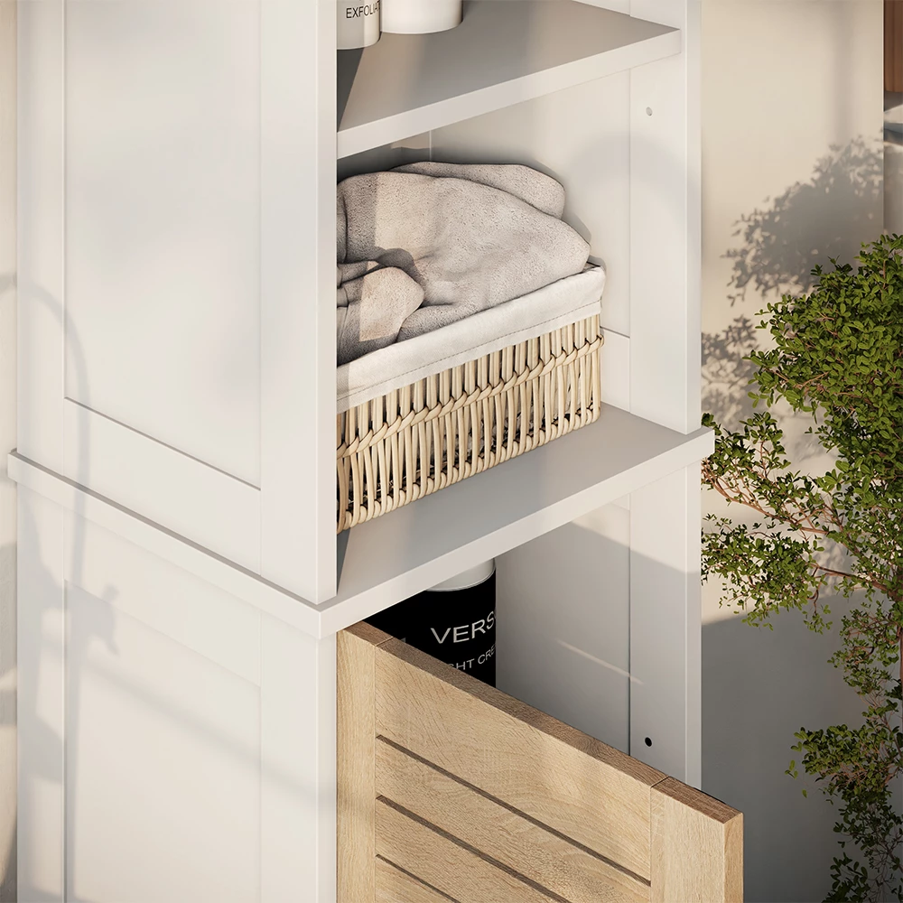 Gros plan de Ensemble de meubles de salle de bain 3 pièces en blanc/chêne, montrant la texture/les détails