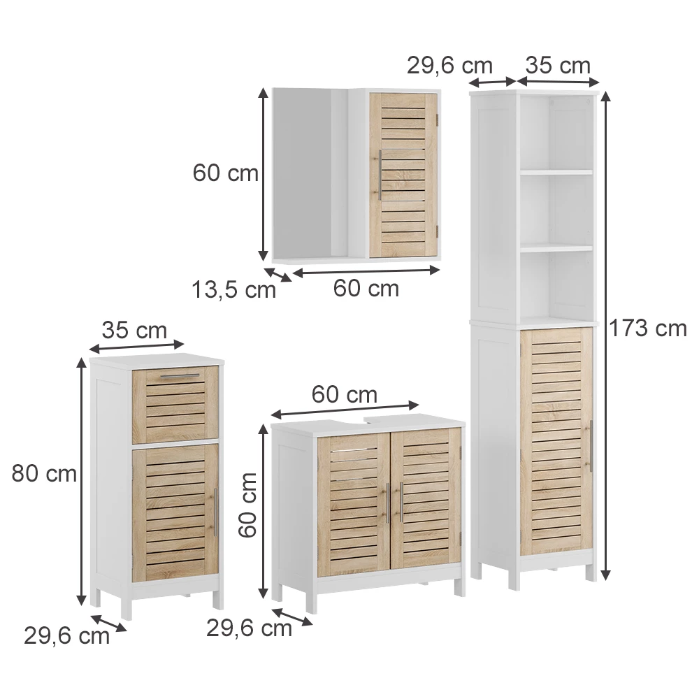 Badmöbel-Set in Weiß/Eiche auf weißem Hintergrund