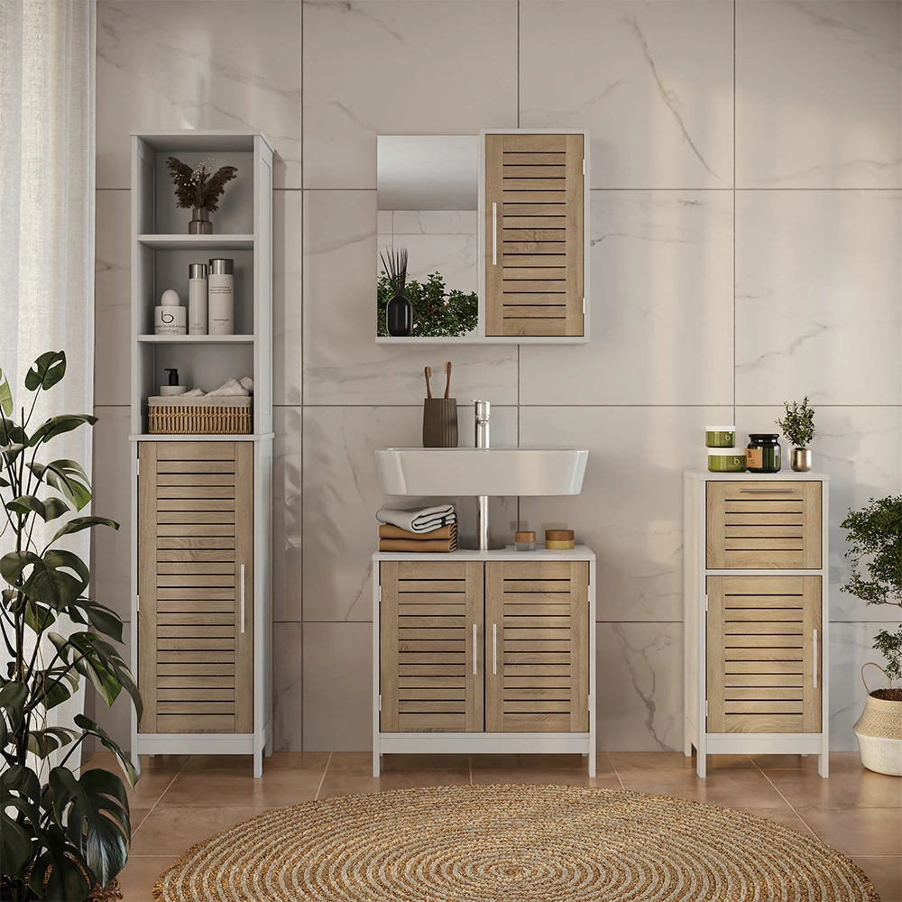 Badkamermeubelset in Wit/eiken shown in ambient setting with decoration