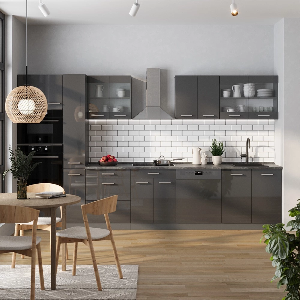 Complete keuken in Antraciet hoogglans/antraciet shown in ambient setting with decoration
