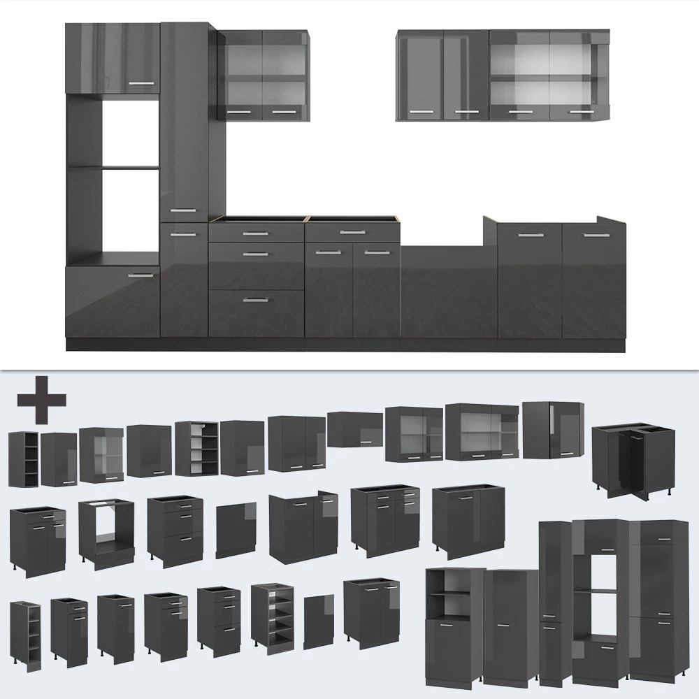 Close-up of Complete keuken in Antraciet hoogglans/antraciet, showing design and surface details