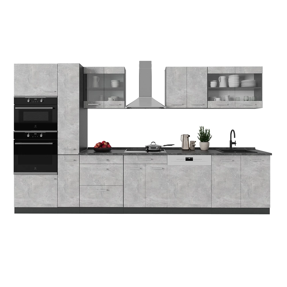 Keuken in Beton/antraciet on white background with decorative elements