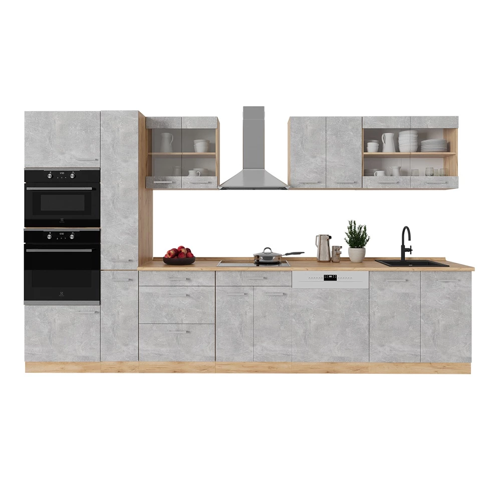 Complete keuken in Beton/gouden eik on white background with decorative elements