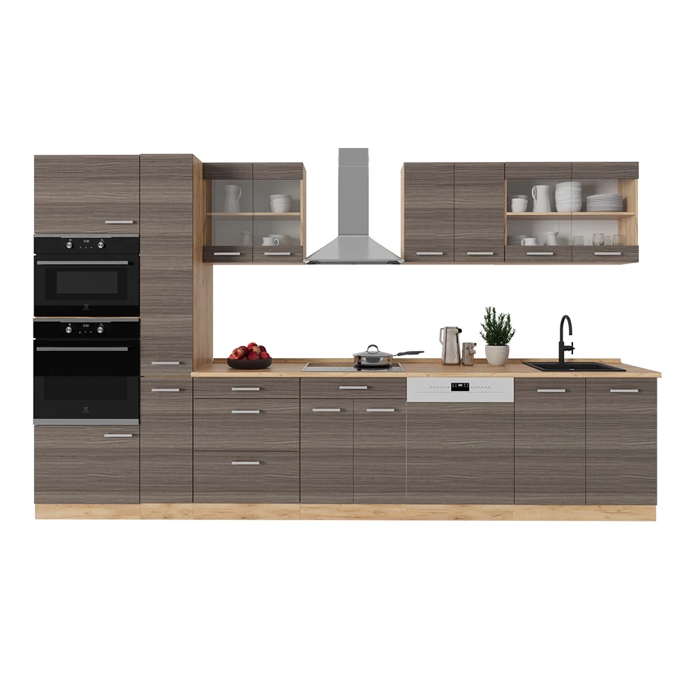 Complete keuken in Edel grijs/gouden eik on white background with decorative elements