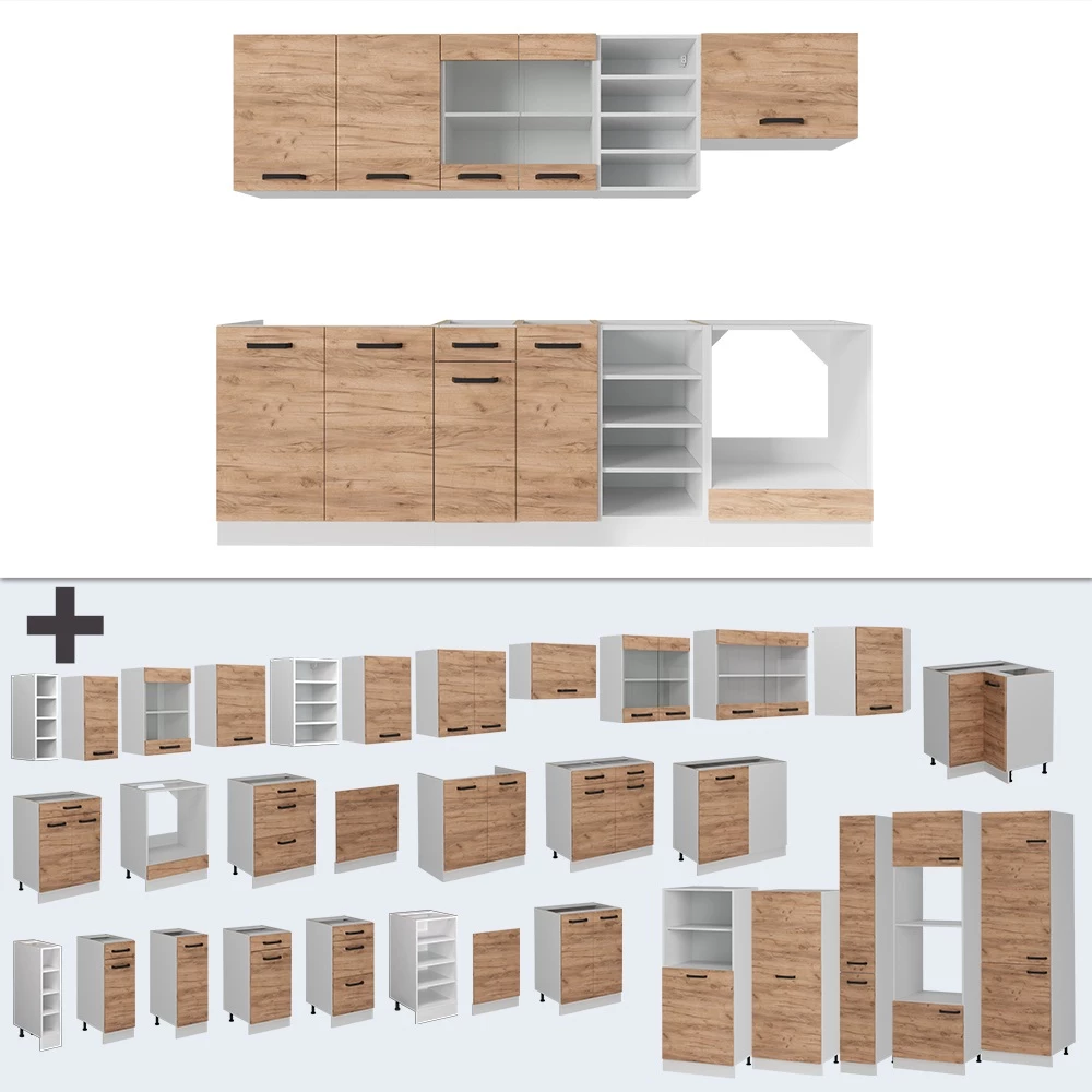 Nahaufnahme von Küchenzeile in Goldkraft Eiche/Weiß, zeigt Design- und Oberflächendetails