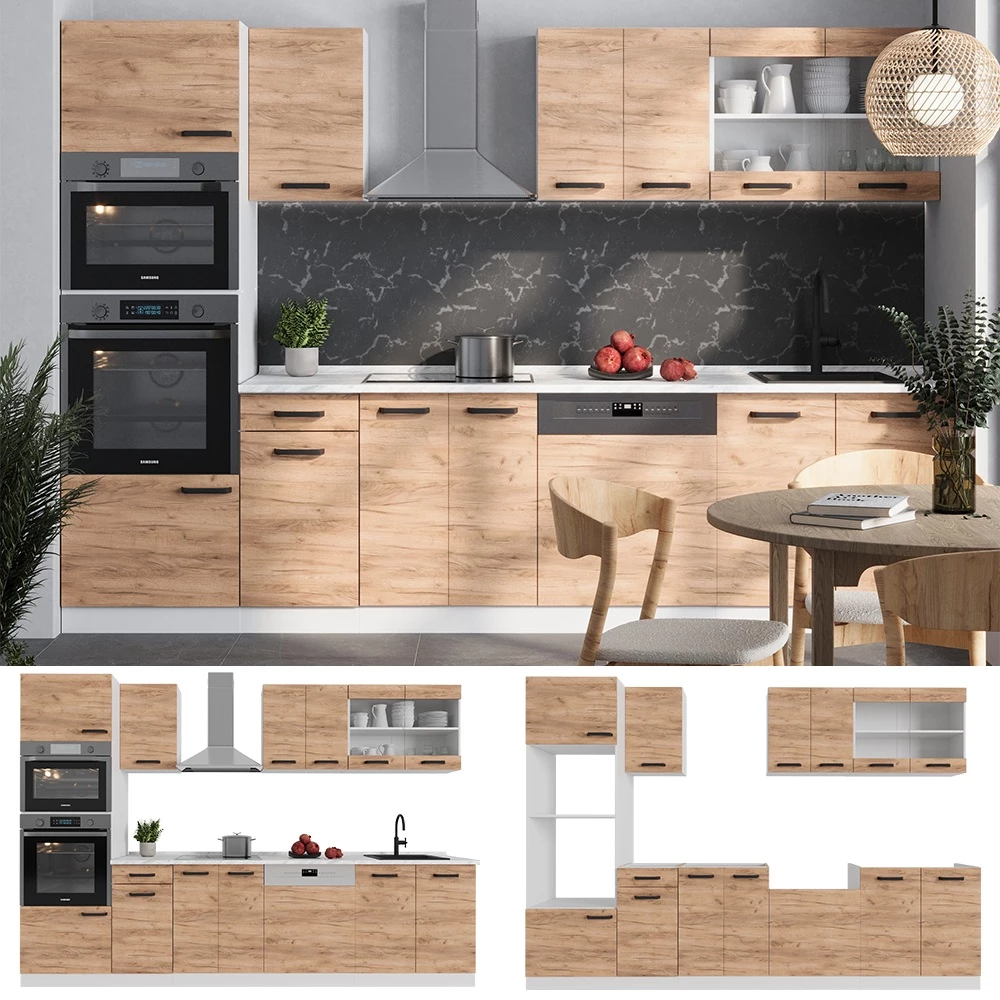 Nahaufnahme von Komplettküche  in Goldkraft Eiche/Weiß, zeigt Design- und Oberflächendetails