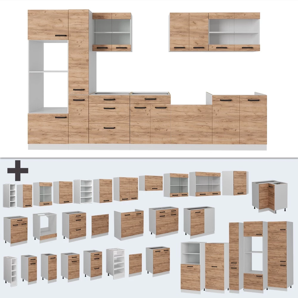 Nahaufnahme von Küchenzeile in Goldkraft Eiche/Weiß, zeigt Design- und Oberflächendetails